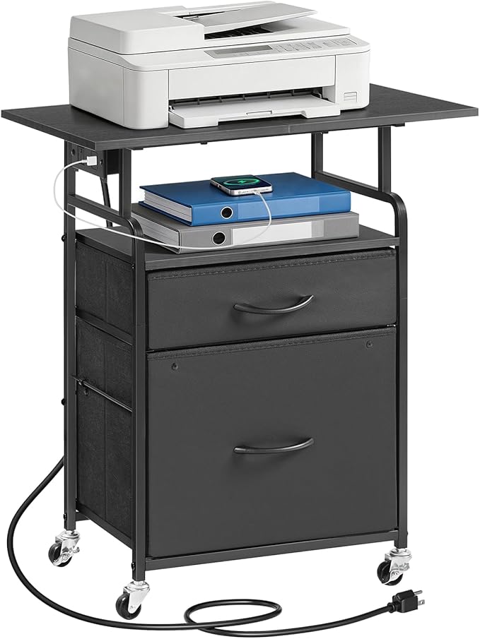 HOOBRO Printer Stand, Printer Table with Drawers, Mobile Filing Cabinet with Charging Station, Printer Cart for Home Office, Living Room, Black BB15UPS01