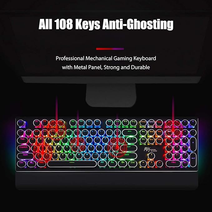 RK ROYAL KLUDGE S108 Typewriter Style Mechanical Gaming Keyboard with RGB Backlit, Wired PC Game Keyboard Full Size with Detachable Wrist Rest and Number Pad, Retro Round Keycaps, Red Switches Black