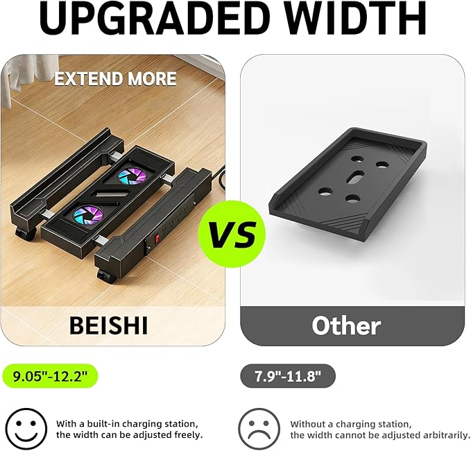 Adjustable CPU Holder with Charging Station and Cooling Fan with RGB Light,Mobile CPU Holder with 4 Rolling Casters, Under Desk CPU Bracket PC Floor Cart PC Riser for Office, Home (Socket with Fan)