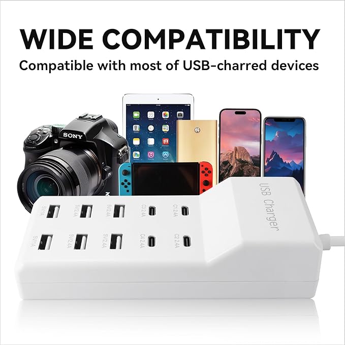 USB Charging Station with 6 USB-A & 4 USB-C Ports, 50W 10A USB Charger Block for Multiple Devices -USB Power Strip with Auto-Detect Technology (2 PCS)