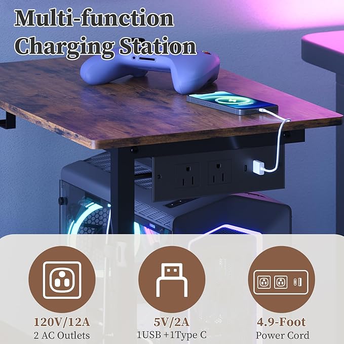 HavenlyYouth 2-Tier Computer Tower Stand with Power Outlet, Height Adjustable PC Tower Stand with Wheels, ATX-Case CPU Holder Cart with Hooks for Home, Office, Gaming (Brown)