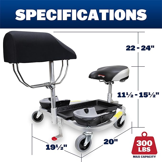 RACATAC Kneeling Sitting Creeper with Chest Support, 2 Inch Casters, Rolling Knee Pads with Seat, Adjustable Seat, Knee Pads with Wheels, Made in USA, Floor Creeper, 01RACCS