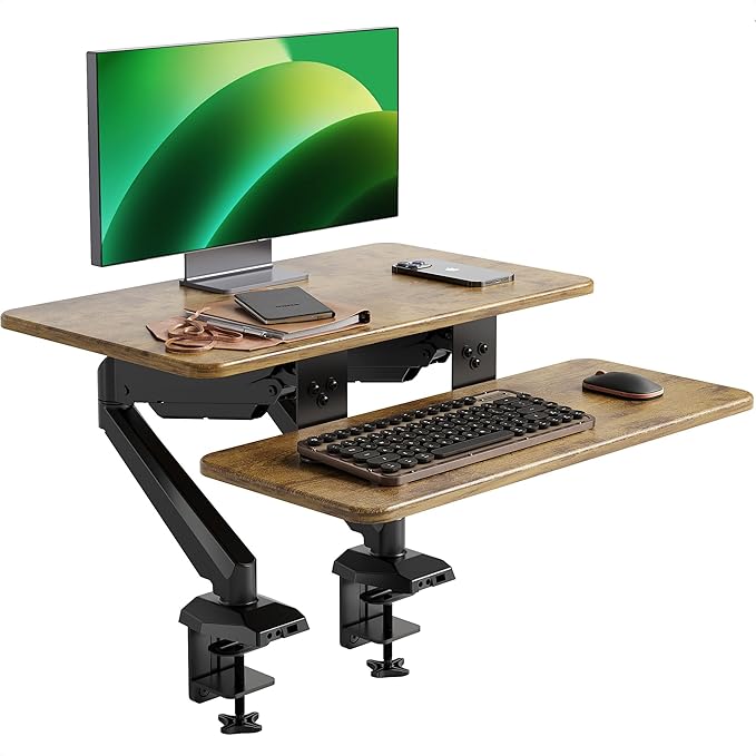 Claiks 24-Inch Sit-Stand Workstation，Innovative Space-Saving Height-Adjustable Ergonomic Desk Converter with Wide Keyboard Tray，Dual Fixation and Flexible Rotation Function, Rustic Brown