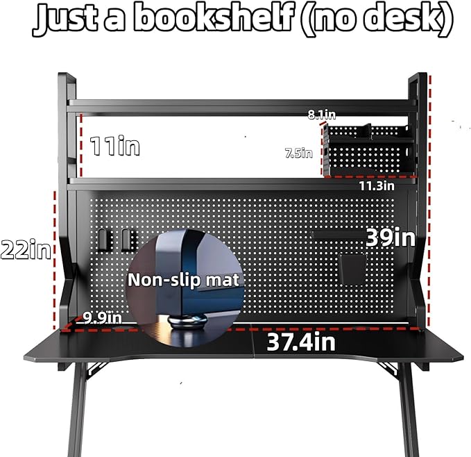 Desktop Hutch Bookshelf,Many Gifts,Metal Desktop Bookcase with pegboard, Desk Shelf, Countertop Storage Organizer Rack for Dorm or Office,Desktop Shelves (Black, 37.4" Lx9.9 Wx39 H)