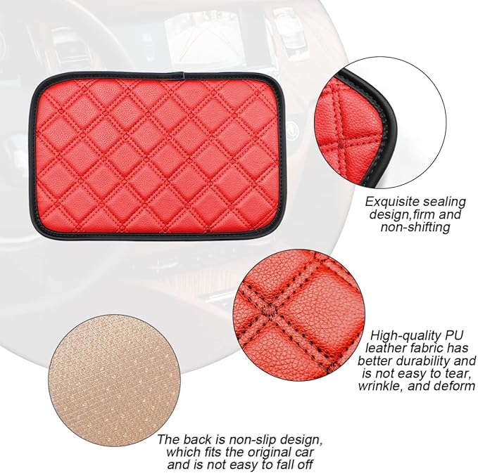 8sanlione Car Leather Center Console Cushion Pad, 11.4"x7.4" Waterproof Armrest Seat Box Cover Fit for Cars, Vehicles, SUVs, Comfort, Car Interior Protection Accessories (Rhombic Lattice Red)