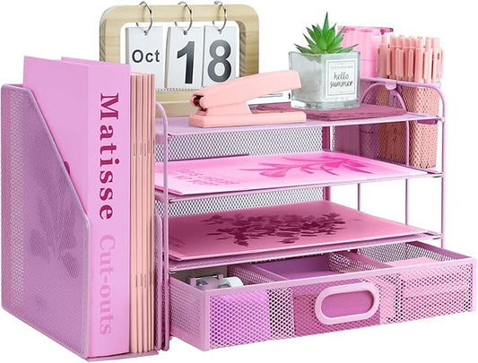 Desk Organizers and Accessories with File Holder, 4-Tier Paper Letter Tray Organiser with Drawer and 2 Pen Holder, Mesh Desktop Document Organizer for Office Supplies, Workspace - Pink