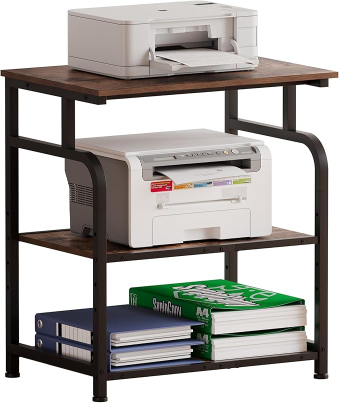 Unionly Large Printer Stand with Adjustable Shelf, 3-Tier Rolling Printer Cart with Wheels, Heavy-Duty Wood Printer Table for Home Office, Heat Press and Laser (Rustic Brown)