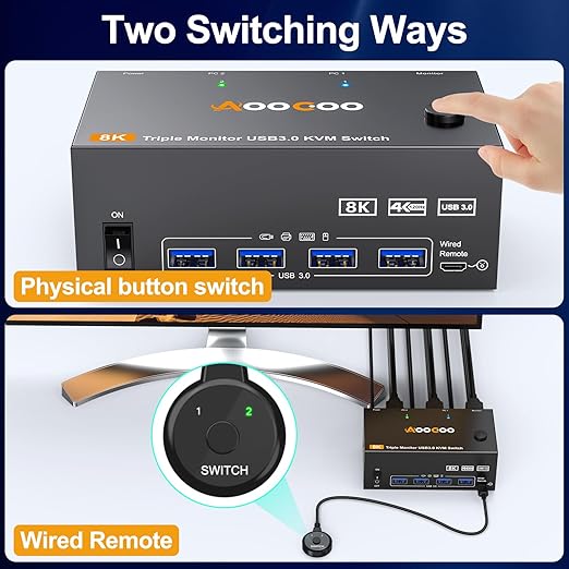 8K@60Hz HDMI Displayport KVM Switch 3 Monitor 2 Computer 4K@144Hz Triple Monitor KVM Switches with USB 3.0 Port,Wired Remote,Power Adapter and USB3.0 Cables(6.6 cm 2 PC 3 Monitor 8K KVM)