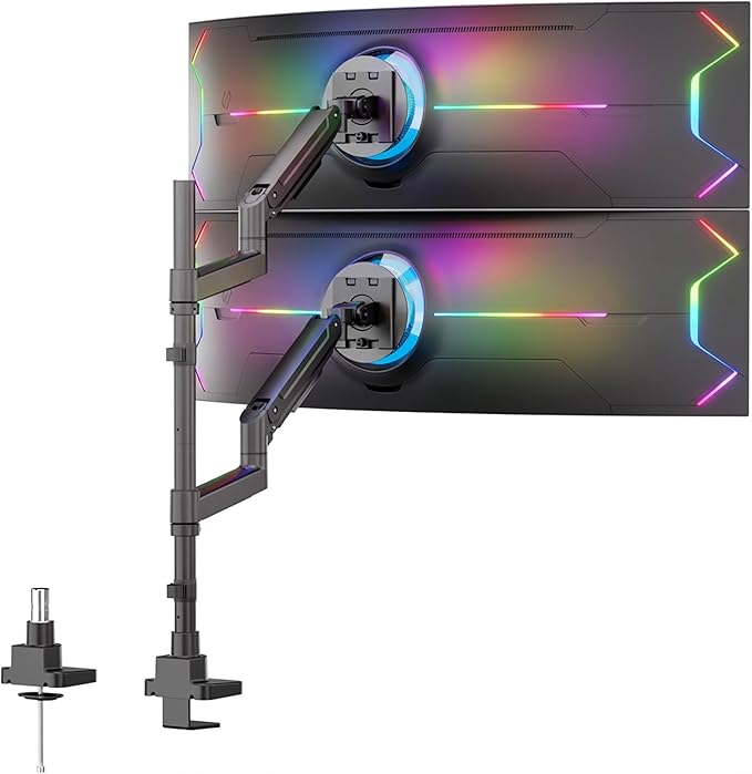 Mount-It! Dual Ultrawide Monitor Desk Mount for 17–49” Screens, Height-Adjustable Stacking Arms with Pole, Heavy Duty Gas Spring, Full Motion, VESA 75/100, Clamp or Grommet