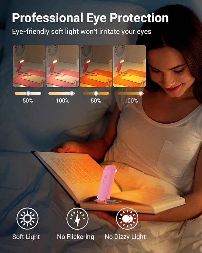 DEWENWILS Book Reading Light, USB Rechargeable Booklight for Reading in Bed, LED Clip On Book Lights for Kids, Bookworms, Blue Light Blocking, 4 Brightness Adjustable for Eye Care (Pink)