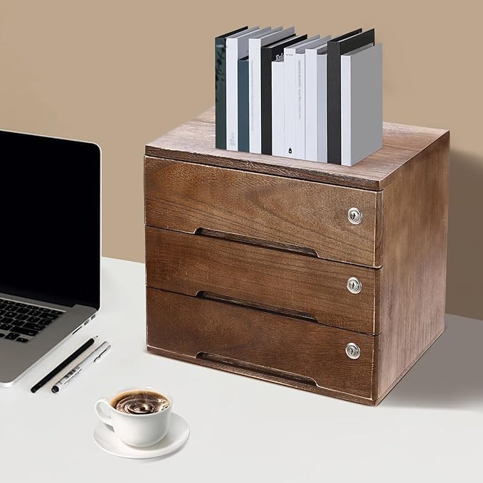 Wooden Desk Organizer with Drawers & Lock, Desktop Countertop Storage Cabinet Lockable Home Office Supplies File Tabletop Organizing Unit (3 Drawer - Retro Walnut)