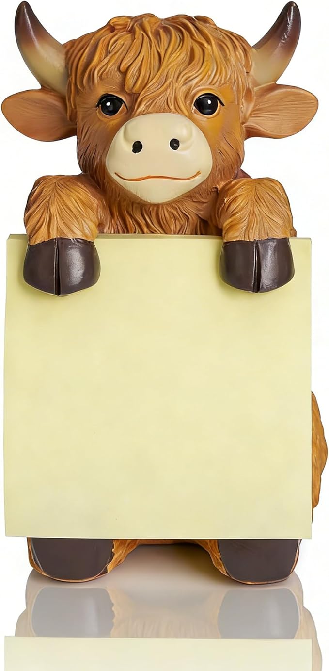 Highland Cow Pop-up Sticky Note Dispenser, Includes 1 Pad of 3x3 in Super Sticky Notes, 100 Sheets, Resin Cute Handmade Desk Holder for Office & Home-Brown
