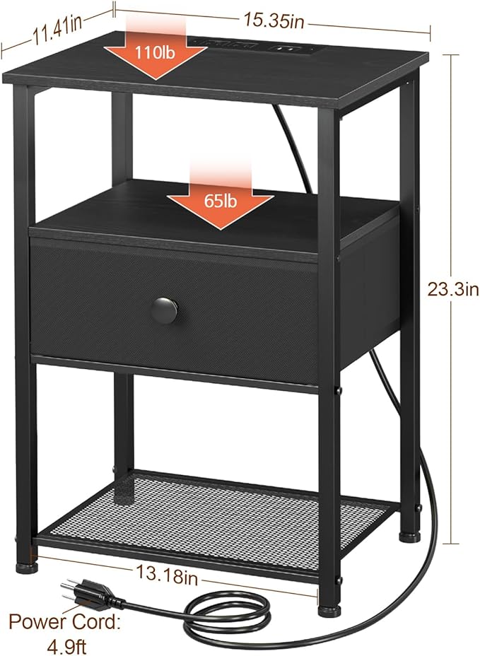 LOAKEKEL Night Stand Set 2, Nightstand with Charging Station, End Tables Living Room with Fabric Drawer for Small Spaces, Bed Side Tables with Storage Shelf for Bedroom, Black, HETS010BK