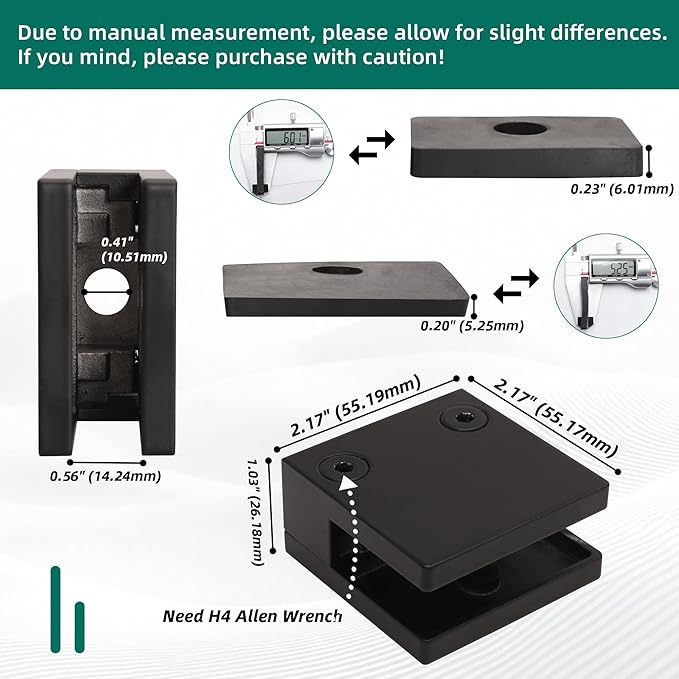 Black Glass Railing Clamp Adjustable Flat Shelf Bracket, for Thickness 3/8"-15/32"(10mm-12mm), 304 Stainless Steel Heavy Duty Square 55 * 55mm Glass Railing Balustrade Post Clamps (8 Pack)