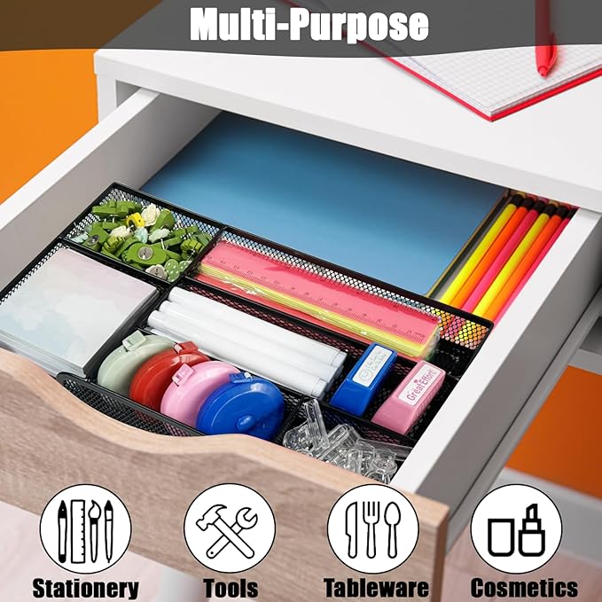 Ysglory 2Pcs Desk Drawer Organizer Tray Office Metal Mesh Drawer Divider Organizer With 6 Compartments Black Mesh Pencil Organization and Accessories for Stationery Makeup Kitchen