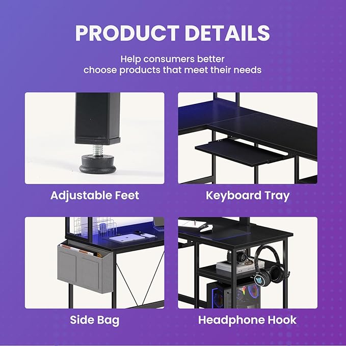 DUMOS L Shaped Gaming Desk 67", Reversible Computer Desk with LED Lights, Corner Desk for Small Spaces with Keyboard Tray & Storage Shelf, Metal Frame PC Gaming Table for Home Office Bedroom, Black