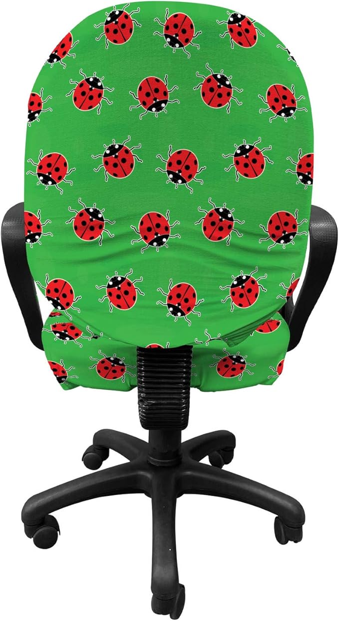 Ambesonne Entomology Office Chair Slipcover, Cartoon Style Repetitive Ladybugs on a Meadow, Protective Stretch Decorative Fabric Cover, Standard Size, Red Green