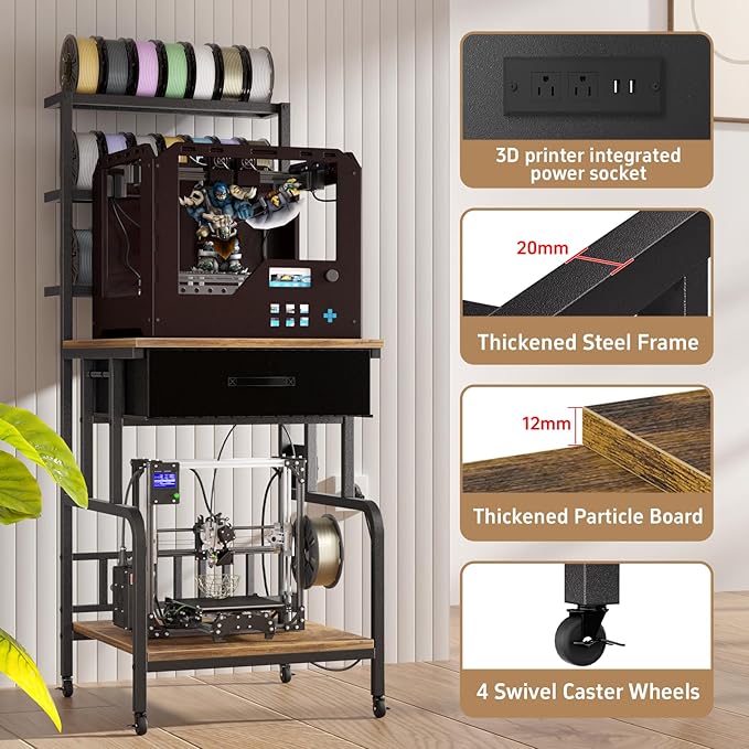 3D Printer Stand with Filament Storage,3D Printer Rack with Storage Drawer，Heavy-Duty 3D Printers Table with Power Outlet，for ABS/PLA/TPU Spools, Home Office Studio Rustic Brown