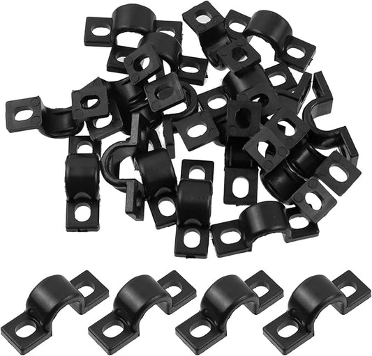 20pcs Wire Shelf Loop Clips White Two Holes Pipe Tube 2/5" U Bracket Clamps 10MM Conduit Pipe Strap Clamps for Wire Cable Tube (Black, Fit for 10mm)