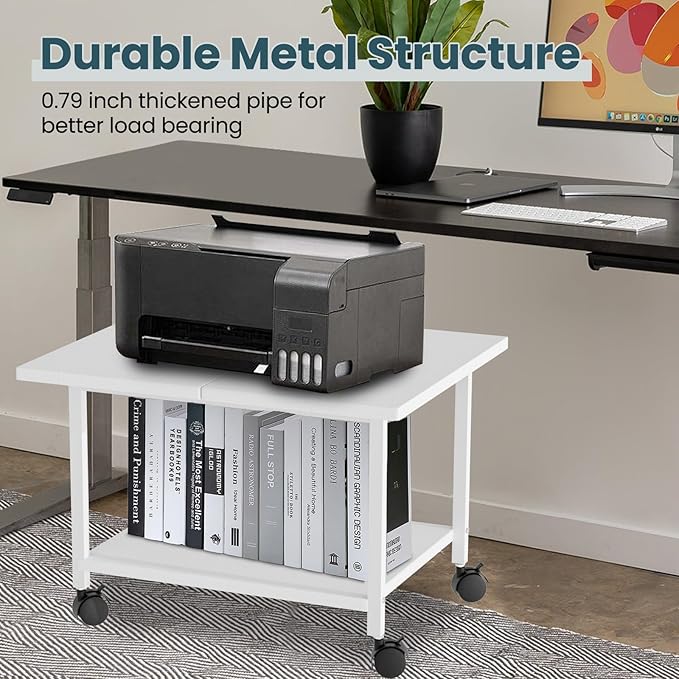 SwaaVee Printer Stand with Storage Under Desk Shelf, Desktop Printer Stand Organizer, Rolling Printer Cart Storage Paper Files Holder for Desk, Office, Home, (White)