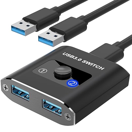 USB 3.0 Switch, Bi-Directional USB Switcher 2 in 1 Out/1 in 2 Out, Aluminum USB Switch 2 Computers Share 1 Device for Printer, Mouse, Keyboard, with 2 USB 3.0 Cables