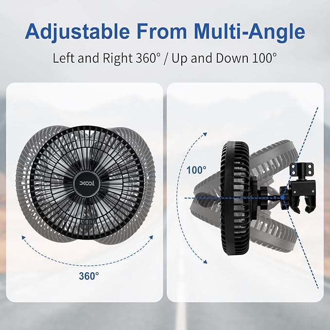 XOOL Clip Car Fan, 9 Inches 12V/24V Fan, 360° Rotatable Electric Cooling Clip on Fan with Stepless Speed Regulation for SUV, RV, Truck