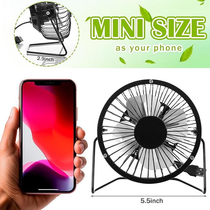 Glooglitter 4 Pcs 4" USB Small Fan Powerful Quiet 360° Adjustable Rotation Personal Metal Mini Desk Fan Summer Electric Ideal for Home Office Bedroom Desk Airflow Cooling,USB Powered Only(Black)