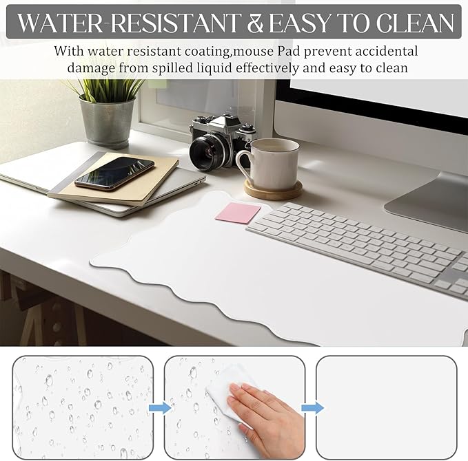 Hahafelt Scalloped Desk Mat Large Scalloped Piping Cute Desk Mat Aesthetic Preppy Table Pad Large Nonslip Pad with Edge Stitching Waterproof Gaming(White,31.5 x 15.8 Inches)
