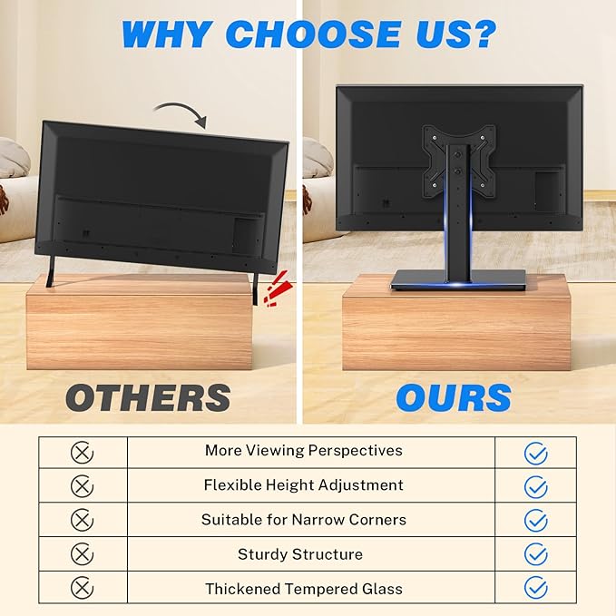 Rfiver Universal Swivel Tabletop TV Stand for Flat Screens 23 24 26 32 39 40 42 43 Inch, Heavy Duty Center Pedestal Stand Replacement with Black Tempered Glass Base and Height Adjustable Mount