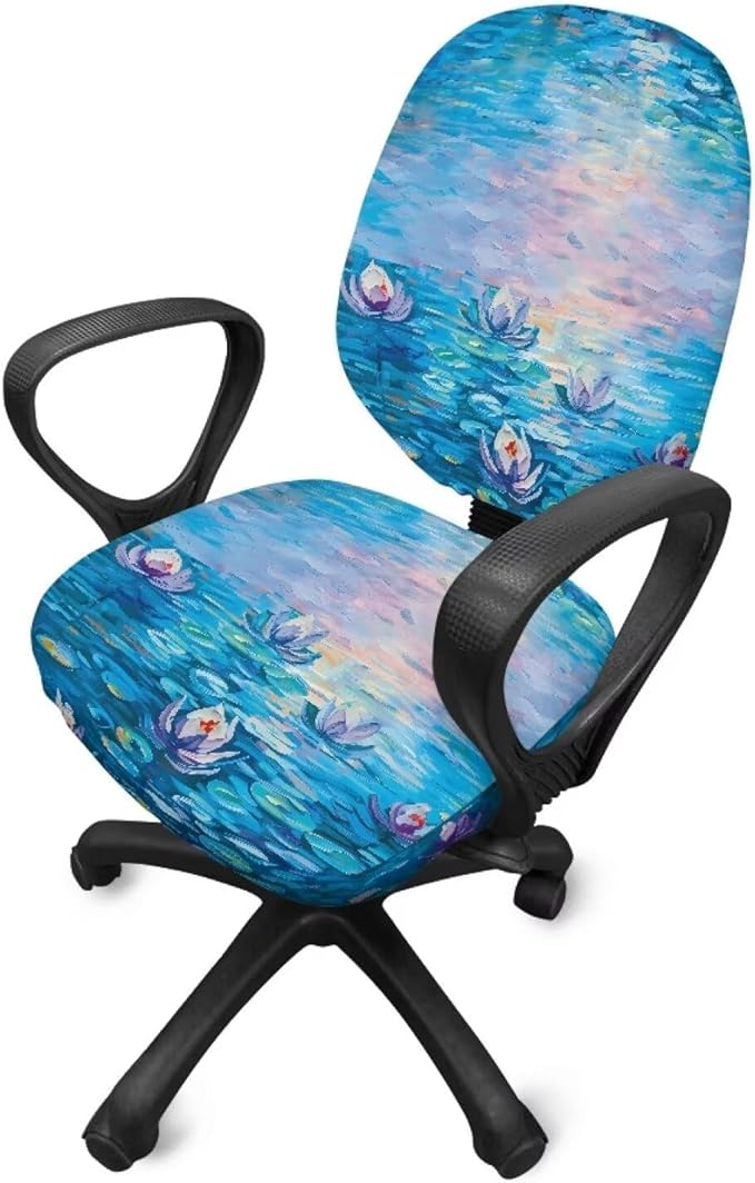 Water Lily Office Chair Covers 2 Piece Stretchable Office Chair Seat Cover Universal Desk Rotating Chair,Computer Chair Washable Chair Cover Decorative for Women Purple