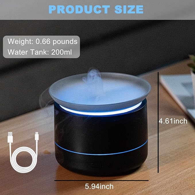 Bedroom Household Humidifier, USB Personal Desktop Humidifier Filled on The Top, Essential Oil Diffuser with 7 Color Ambient Lights, 2 Spray Modes, Suitable for Home, Office & Plants (Black)