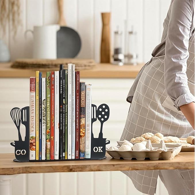 ENCIMART Metal Book Ends for Shelves, Kitchen Bookends Home Decorative Bookends for Heavy Books, Unique Cute Cookbook Organizer Book Holder for Kitchen Housewarming Cooking Book Lover Gifts, Black