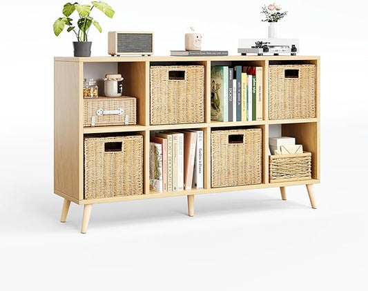 8 Cube Storage Organizer, Mid-Century Modern Wooden Bookcase with 5 Solid Wood Legs, Horizontal Cubby Bookshelf Fits 11 Inch Bins, Versatile Console TV Stand for Living Room, Kids Room, Natural