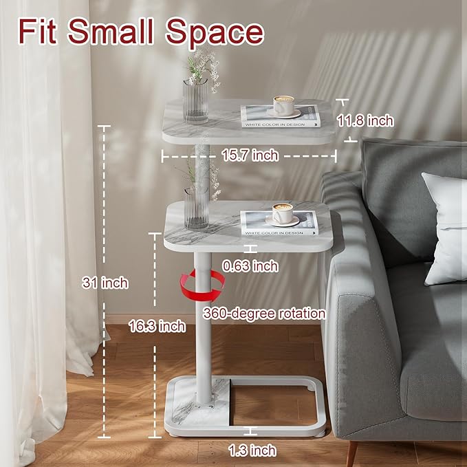 GOYLSER C Shaped Tv Trays Living Room End Table End Stand, White Marble Minimalist Wooden C Table for Sofa, Height Adjustable Tv Tray Tables Side Table for Dinner Eating