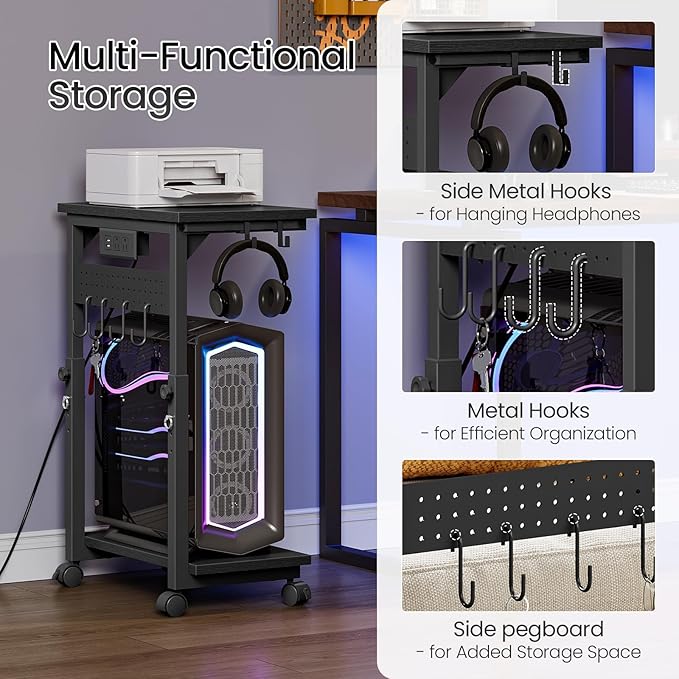 CHOEZON Computer Tower Stand, Height Adjustable PC Holder on Wheels, Computer Stand with Power Outlet, Under-Desk PC Cart with 6 Hooks, Movable Side Table, for Living Room, Office, Black TCJ50UBB