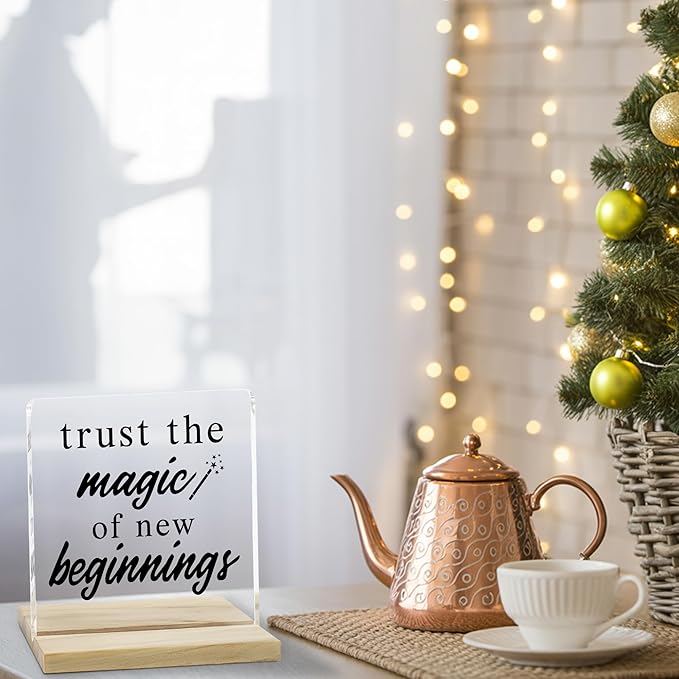 New Beginnings Desk Decor Sign, Inspirational Acrylic Plaque Gifts for Women, Friends, Coworkers