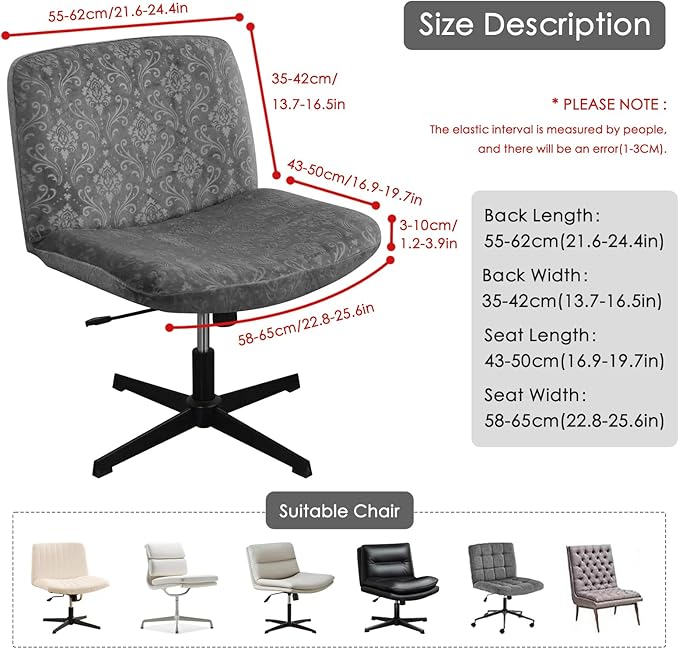 Criss Cross Chair Cover Armless Chair Slipcover Office Desk Chair Covers Velvet Embossing Mid Back Wide Seat Accent Chair Covers for Computer Chairs and Vanity Chairs(Velvet-Dark Grey)