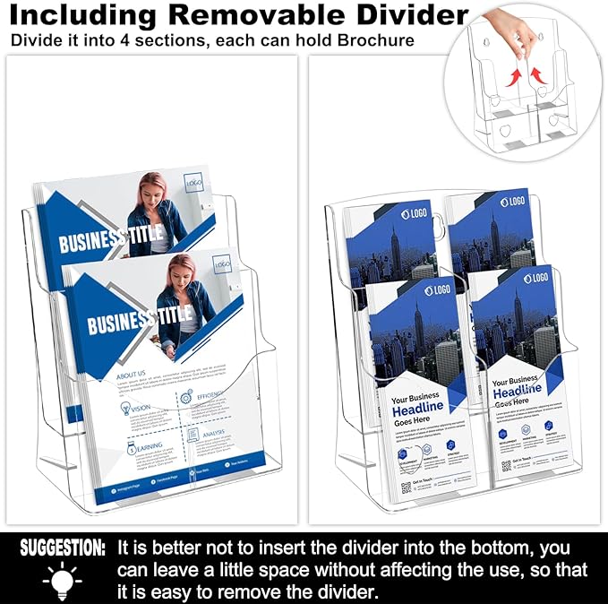 2 Pack Acrylic Brochure Holder 8.5 x 11, 2 Tier Brochure Display Stand with Removable Divider for 4 x 9 inches Trifold Pamphlets, acrylic flyer holder 8.5 x 11 Stands for Flyer, Pamphlet, Magazine
