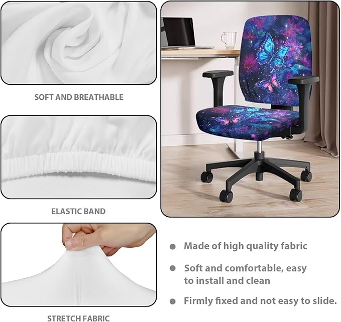 Galaxy Butterfly Computer Chair Covers Stretchable Office Chair Cover Dorm Computer Rotating Chair Slipcover 2 Piece Washable Seat and Back Cover Desk Chair Seat Cushion Protectors Purple