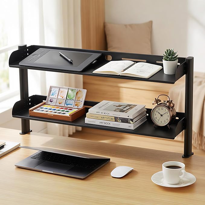 24-Inch Clamp On Desktop Shelf, 2-Tier Office Desk Organizer, Extended Compact Desk Shelf for Home Workspace, Study Room, and Gaming Accessories Storage