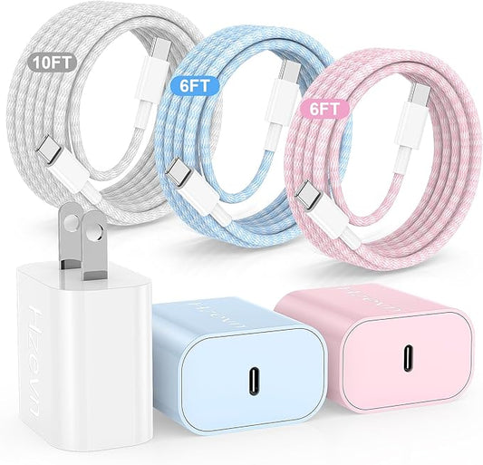 Hzevn 20W USB C Fast Charging for iPhone 17 Air/16/15 Pro Max,3Pack Colorful Mixed Charger Block with Braided Long USB C to C Cables (6/6/10ft) Compatible with iPhone16/15 Pro/15 Plus/iPad Pro