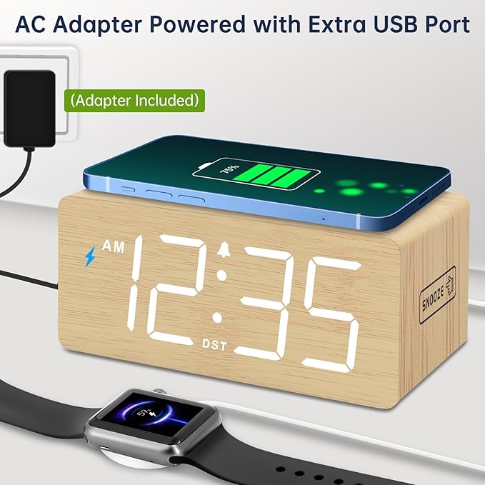 DreamSky Wooden Digital Alarm Clock with Wireless Charging for Bedroom, Bedside Nightstand Clock with Charger Station, USB Port, Large Numbers, Adjustable Volume, Brightness Dimmer, DST