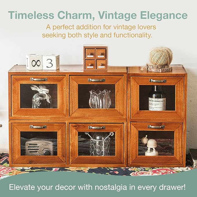 Modular Stackable Set of 3 Desktop Drawers Display Organizer - 6-Drawer Wood Organizer for Desk - Vintage Countertop with Clear Doors - Organizer Box for Card Catalog, Collectibles Storage