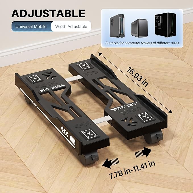 Adjustable Computer Tower Stand, Mobile PC Stand for Floor with 4 Locking Caster Wheels Fits Most PC, Under Desk CPU Holder for Office, Gamers and Students (Black)