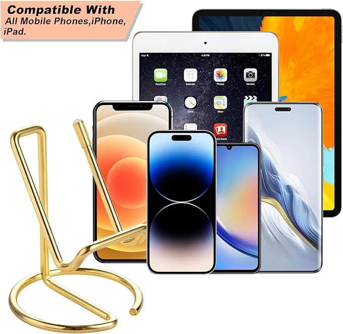 ROPOSY 2 Pack Cell Phone Stand for Desk, Cute Metal Gold Cell Phone Stand Holder Desk Accessories, Compatible with All Mobile Phones, iPhone, iPad