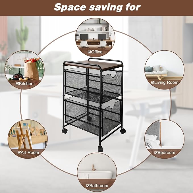 EasyPAG Rolling File Cart with 2 Drawers, Under Desk File Cabinet on Lockable Wheels, Hanging Folder Organizer with Wooden Printer Stand for Home Office