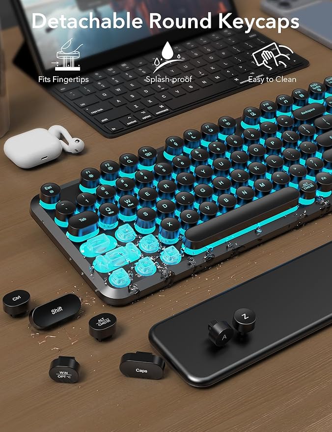 Wireless Keyboard and Mouse Backlit - Typewriter Keyboard with Magnetic Wrist Rest, Retro Round Keycaps, Light Up Letters, 2.4GHz Cordless Combo for Mac, Windows, PC, Laptop, Trueque CK24 [Upgraded]