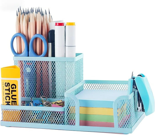 M&G Mesh Pen Holder Desk Organizers Pencil Holder for Desk Light Blue, 3 Compartments Metal Office Supply Organizer with Sticky Notes Holder for Home Office