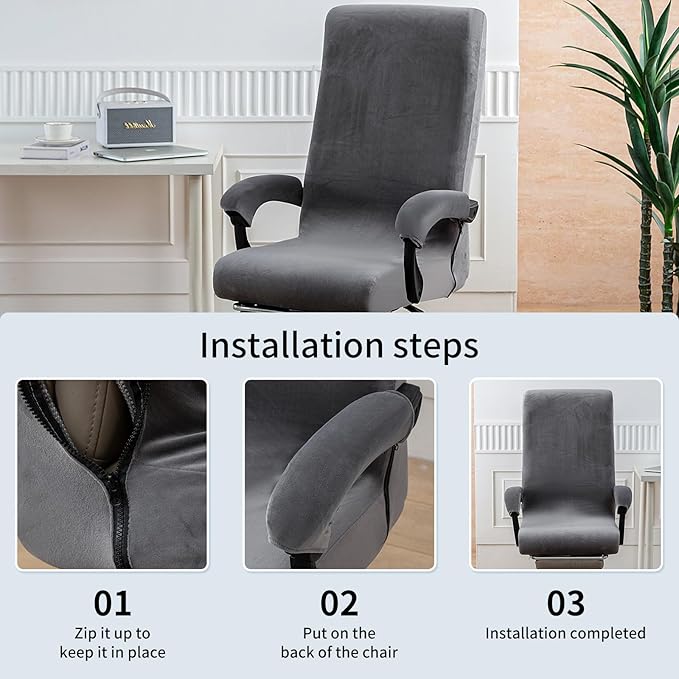 Office Chair Cover with Armrest Covers, High Resilience Velvet Fabric, Universal Fit 22-25 inch Back (Grey)