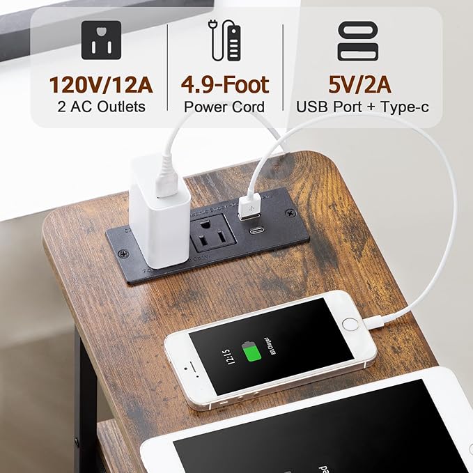 LOAKEKEL Narrow End Table Living Room with Charging Station, Skinny Side Table with Fabric Drawers, Slim LED Nightstand for Bedroom, Small Spaces, Couch, Brown, HETNDP03LBR-1